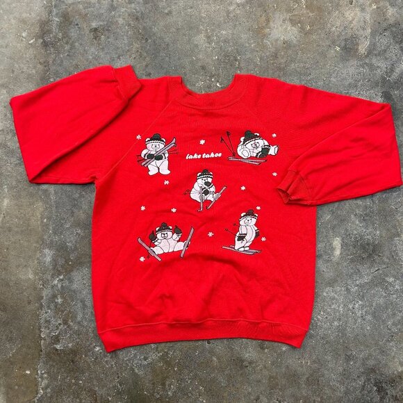 Vintage Christmas Sweatshirt Mens Medium Lake Tahoe Snowman Graphic Jesus Red - Picture 1 of 9